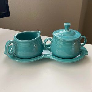 Fiestware Covered Cream, Sugar and Tray Set Turquiose Blue NWOB